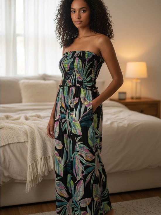 torrid Pants - torrid 0 Black Green Strapless Tropical Leaf Pantsuit flowy XL